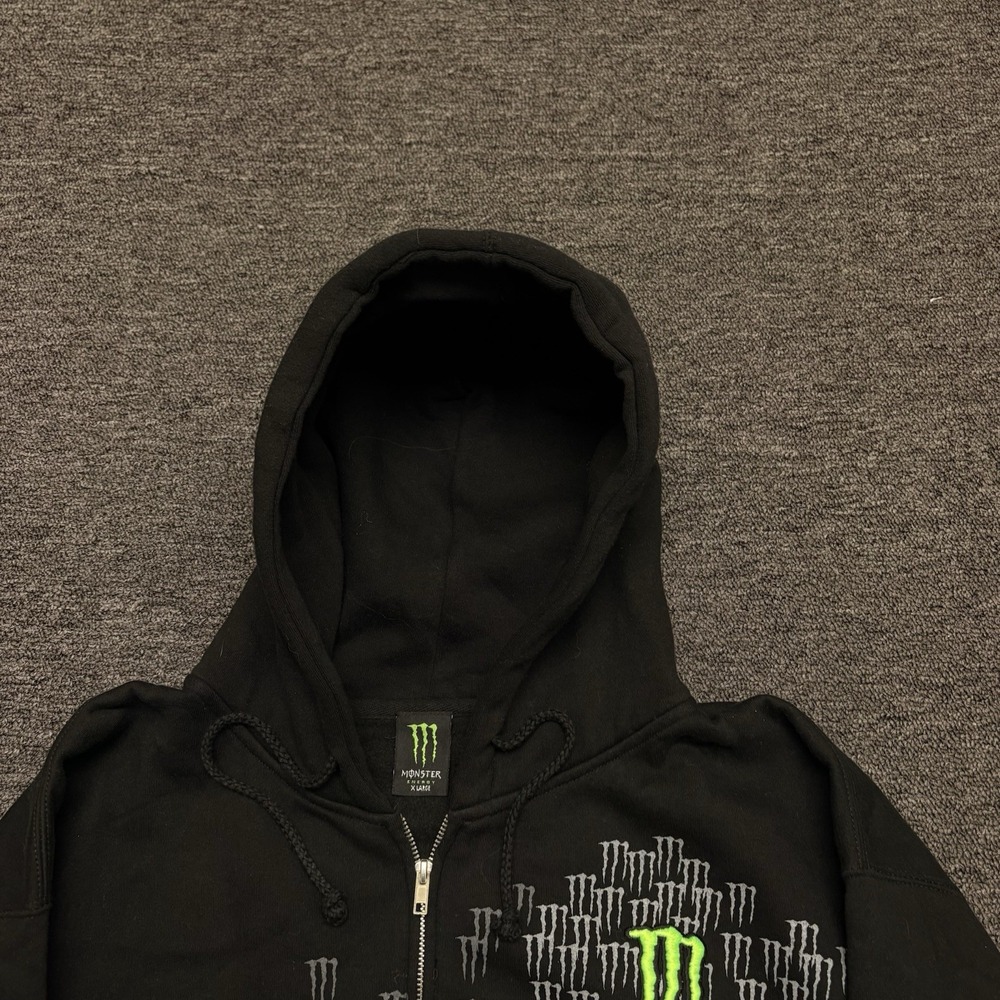 Monster Energy All Over Print Logo Zip Up Hoodie Black Green Embroidered XL Y2K - Picture 4 of 9